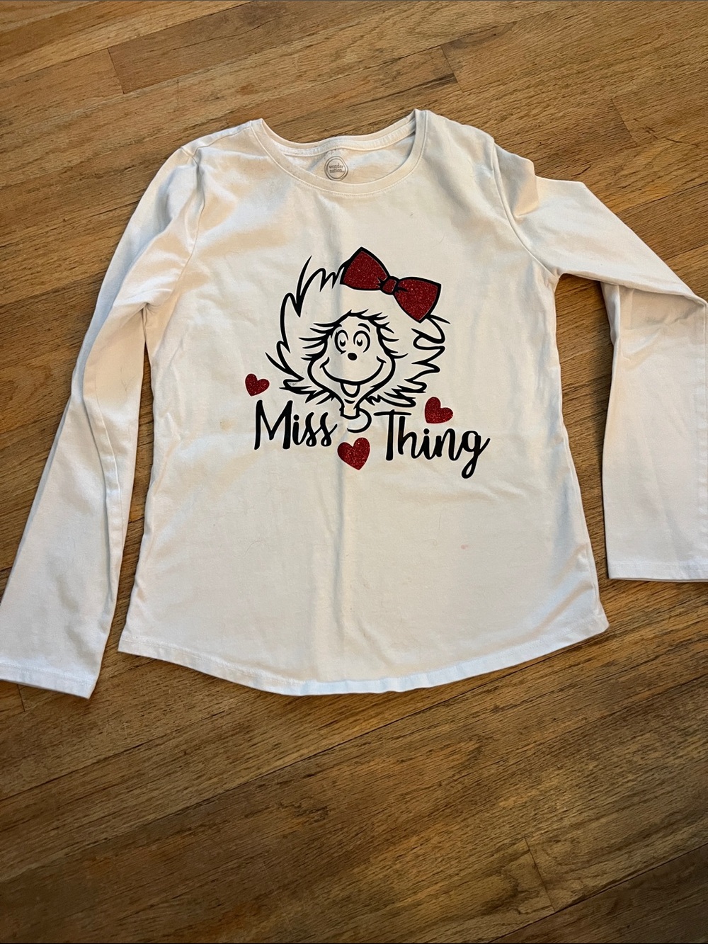 White "Miss Thing" Long-Sleeve Kids Top with Red Glitter Bow - Brand